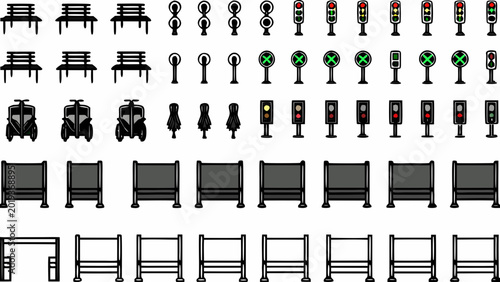 Urban elements sprite sheet with benches traffic lights street signs and tram cars high quality