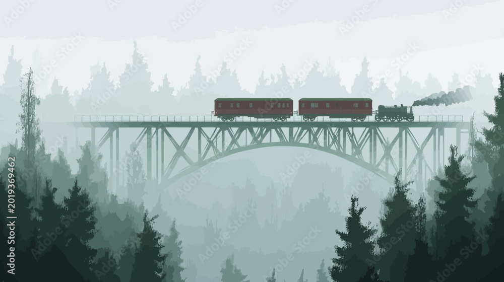 Fototapeta premium Vintage train crossing a high bridge amid foggy forest landscape