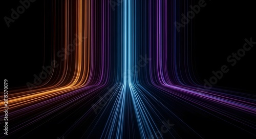 Abstract neon lines tunnel vibrant orange purple and cyan streaks converging to a vanishing point on black background