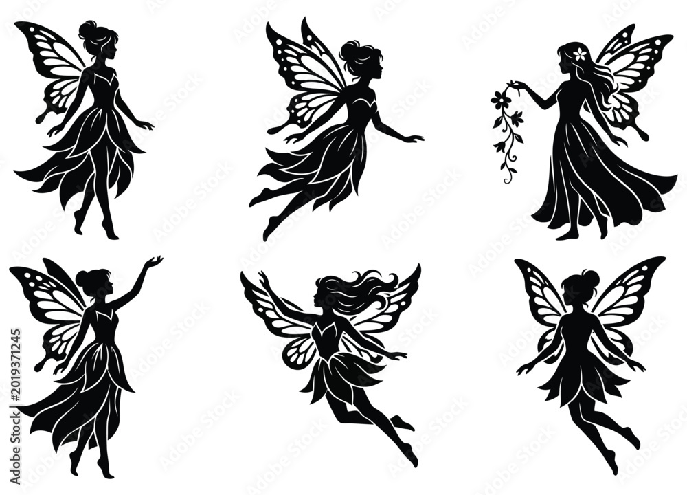 Fototapeta premium Set of six flying and standing fairy silhouettes with decorative wings, fantasy female figures.
