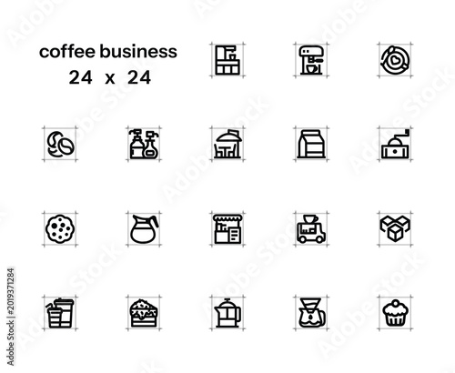 Set of minimalist vector icons related to the coffee business. 24x24 pixels, editable outlines.
