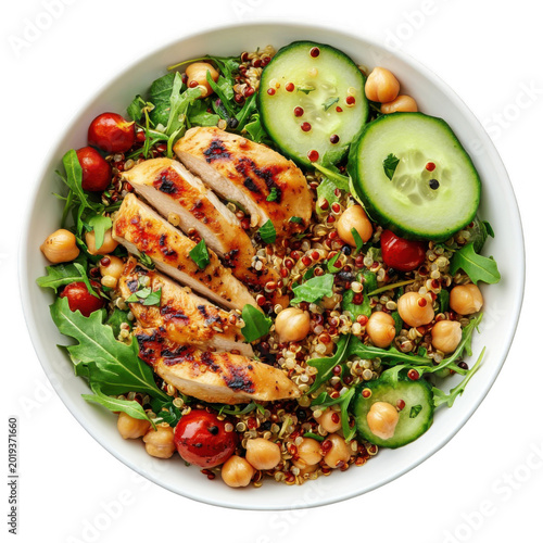 Healthy salad bowl with sliced grilled chicken breast chickpeas cucumber and quinoa for a nutritious meal