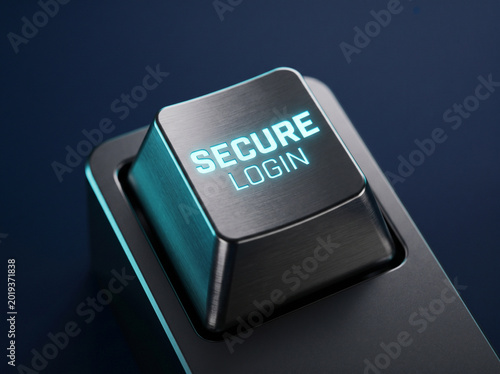 Metallic keyboard key button with glowing neon light text saying secure login.
