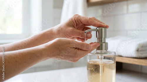Woman hands using glass soap dispenser in bright white bathroom setting.
