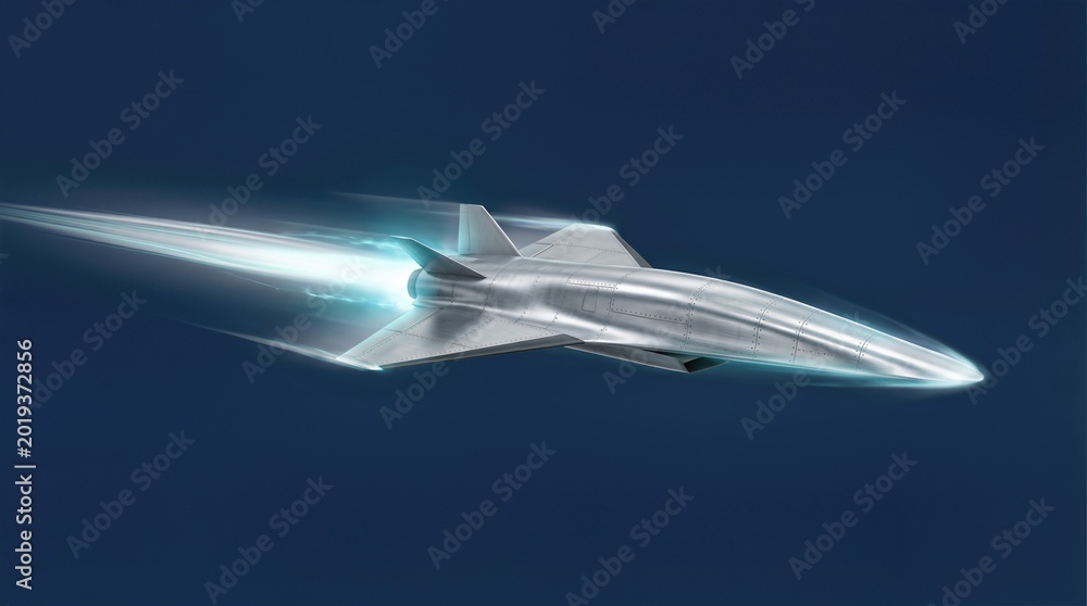 Fototapeta premium Futuristic spaceship soaring through deep space with glowing blue exhaust trails. Sleek silver aerospace vehicle in motion. Sci-fi concept for space exploration and interstellar travel innovation