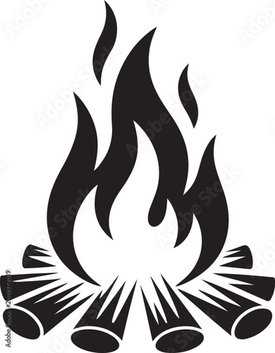 Bonfire camping fire with firewood flames burning with outdoor scene danger symbol on white background