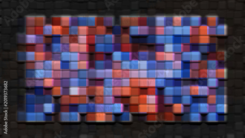 Dark Abstract Pixel Mosaic Background with Glowing Colorful Squares, Futuristic Digital Display Texture and Modern Technology Grid Pattern Design