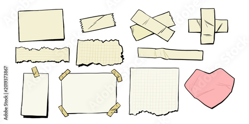 Hand drawn masking tape and sticky note collection isolated on light background