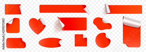 Red peeled sticker labels collection isolated on transparent background