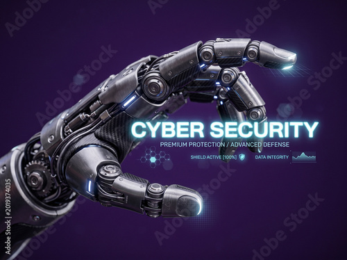 Robotic hand with cyber security text and digital interface.