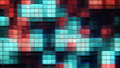 Colorful Cyan and Red Pixelated Digital Background with Abstract Mosaic Grid and Futuristic Technology Style