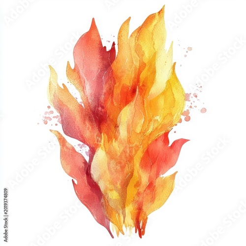 Watercolor style illustration of fire flames, blending warm colors, isolated on white.