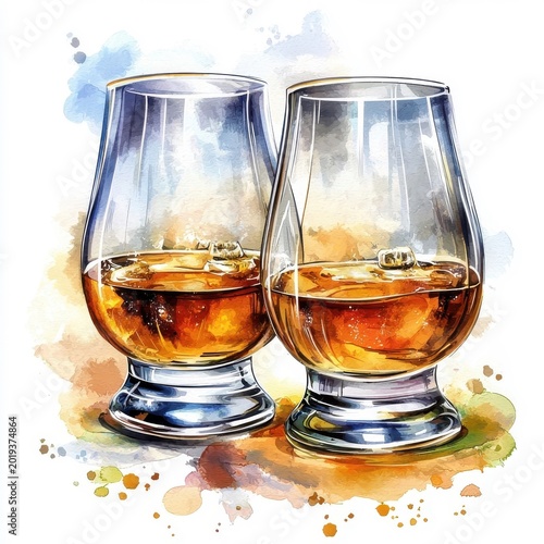 Watercolor style illustration of whiskey glasses, blending rich colors beautifully, isolated on white.