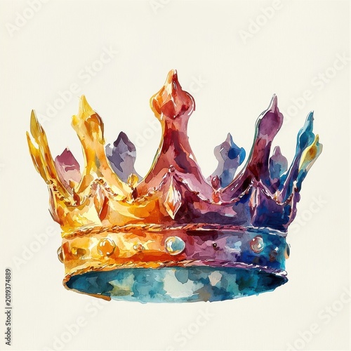 Watercolor style illustration of a king crown, blending rich colors artistically, isolated on white.
