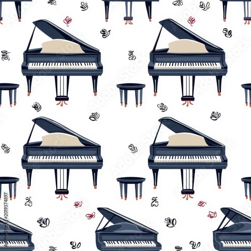 Flat style seamless pattern of grand pianos, playful and elegant, isolated on white.