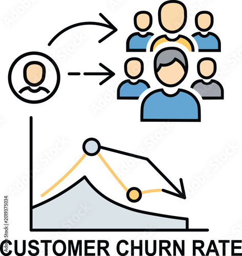 Photos Customer churn rate concept: decreasing graph with people and arrows decline bus
