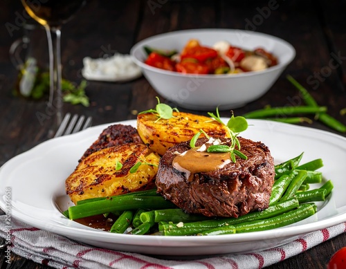 A plate of grilled steak with vegetables and potatoes on a table