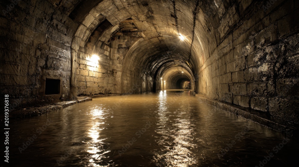 Obraz premium Flooded underground stone tunnel with arched ceiling and artificial lighting