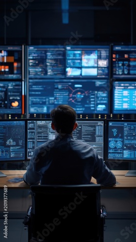 IT specialist monitoring cybersecurity data and network systems in high-tech control room with multiple screens, digital security operations concept.generative ai