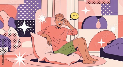 A young man sits on a colorful, cushioned floor surrounded by pillows. He is gesturing animatedly while speaking into a phone.