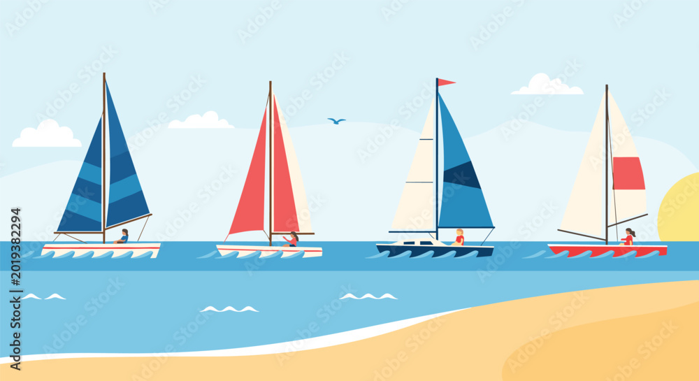 Fototapeta premium Group of four colorful sailboats with people on board sailing across the ocean near a sandy beach at sunset or sunrise.