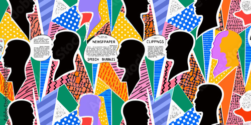 Abstract pattern of black head silhouettes with colorful geometric shapes and text bubbles high quality
