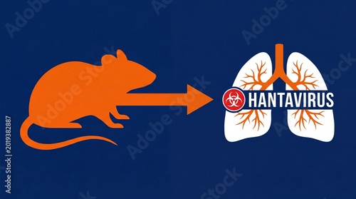 Orange rodent silhouette points to lungs with hantavirus text and biohazard symbol mouse animal