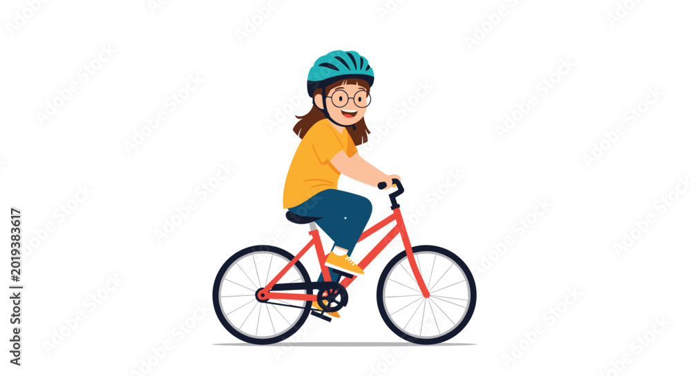 Naklejka premium Young girl wearing glasses and a blue safety helmet happily rides her red bicycle across a white background illustrating an active lifestyle.