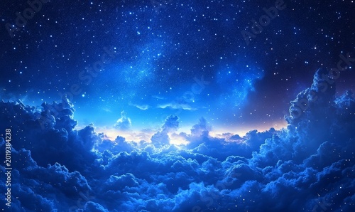 A panoramic view of the night sky, with stars twinkling above distant mountains and clouds, creating an enchanting atmosphere, Generative AI