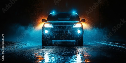 A blue SUV car with its headlights on is illuminated against the dark background, creating an atmospheric effect, Generative AI