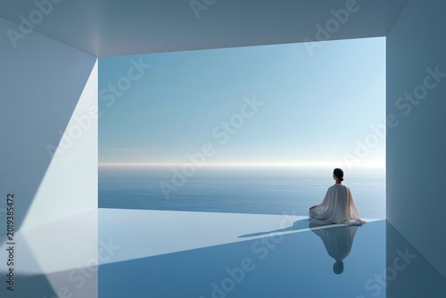 A serene moment of reflection by the ocean.