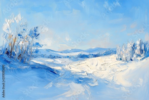 Abstract Blue Winter Landscape Painting, with brushstrokes on a light blue background, Generative AI