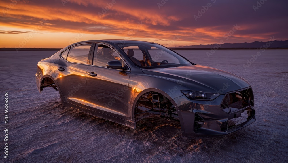 Fototapeta premium Luxury Sedan Car Body Shell on Salt Flat at Sunset with Dramatic Sky