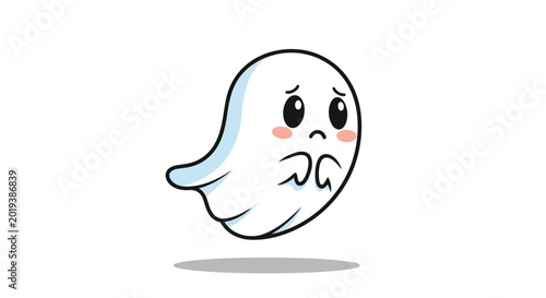 Foto Adorable little white ghost character floating in the air with a sad facial expression, pink cheeks, and downcast eyes