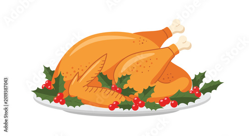 Foto Delicious roasted turkey served on a white platter and decorated with festive green holly leaves and red berries