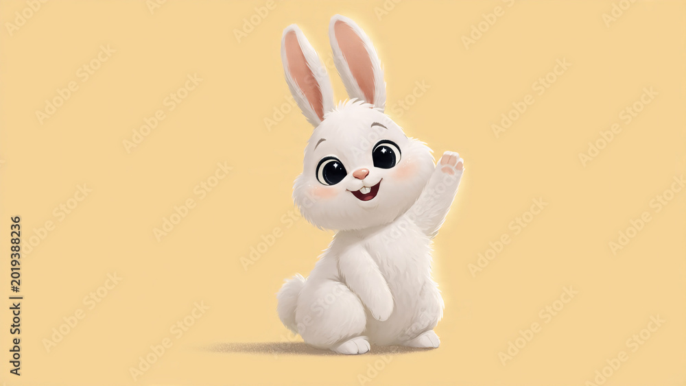 Fototapeta premium Cute white bunny cartoon waving with big eyes on soft pastel background, adorable animal illustration for kids design