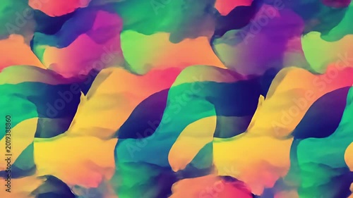Blurry fluid-like shapes of blended yellow, teal, blue, pink, and green hues