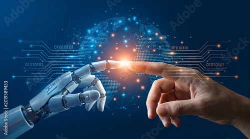 AI, Machine learning, Hands of robot and human touching on big data network connection background, Science and artificial intelligence technology, innovation and futuristic.