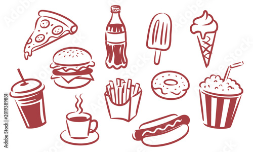 Hand Drawn Fast Food Icons Outline Vector Collection