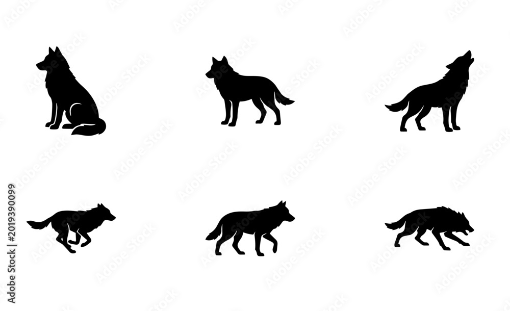 Obraz premium Collection of six black wolf silhouettes featuring various poses including standing sitting running and howling in a clean minimalist vector illustration style suitable for branding logos or modern gr