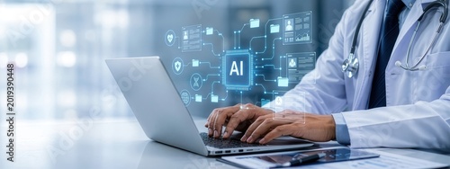 Medical Professional Utilizing AI Technology for Healthcare Data Management and Analytics