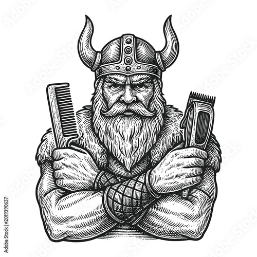 Fényképezés Viking barber logo engraving with comb and clipper vector illustration