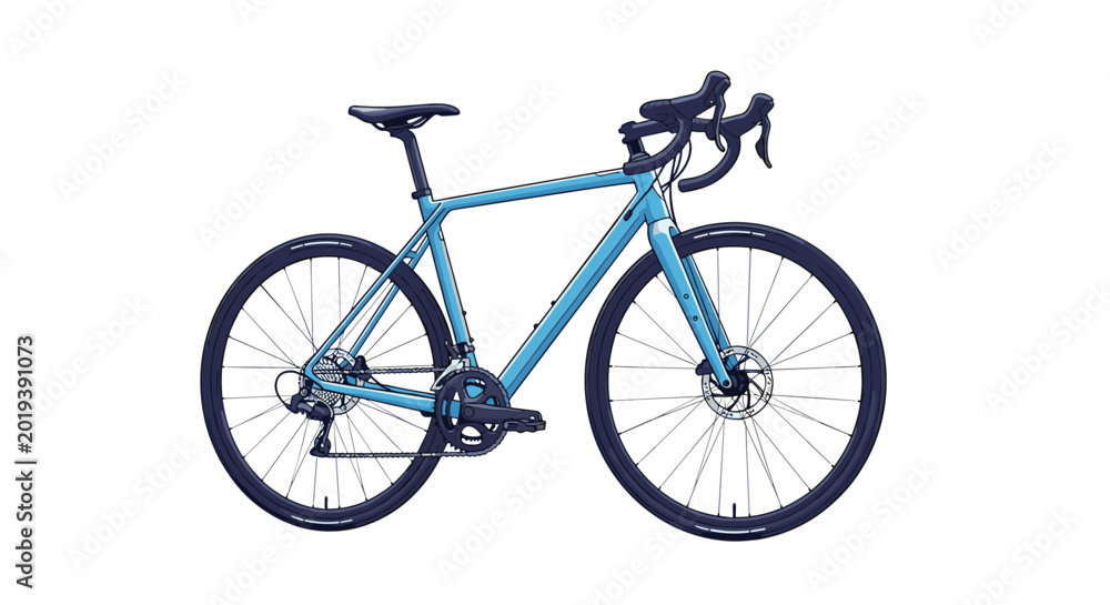 Fototapeta premium Sleek modern road bicycle with a light blue frame and black tires is shown in a side view on a white background.