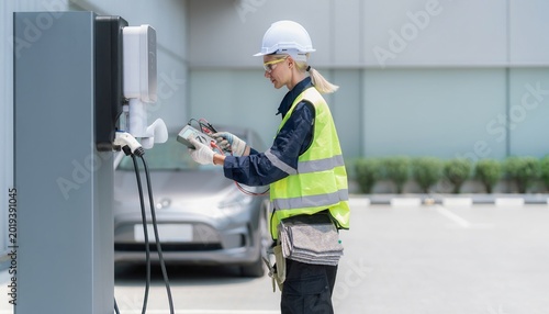 Technician Testing Electric Vehicle Charging Station