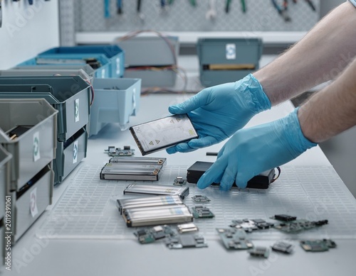 Gloved worker sorting used batteries for recycling