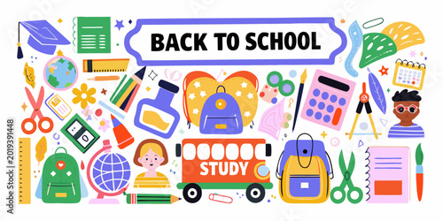 Quadro su tela Colorful back to school illustration with school supplies globe and cheerful stu