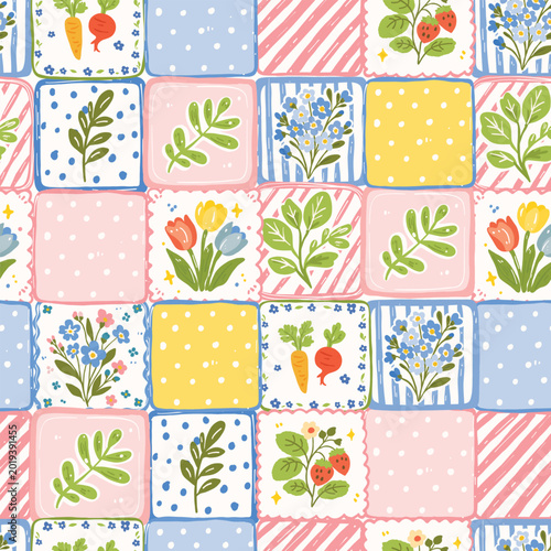 Cute Spring Garden Patchwork Seamless Pattern With Flowers Strawberries Vegetables Leaves Pastel Cottagecore Design