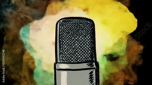 Cartoon mic against an colorful, smokey background on black