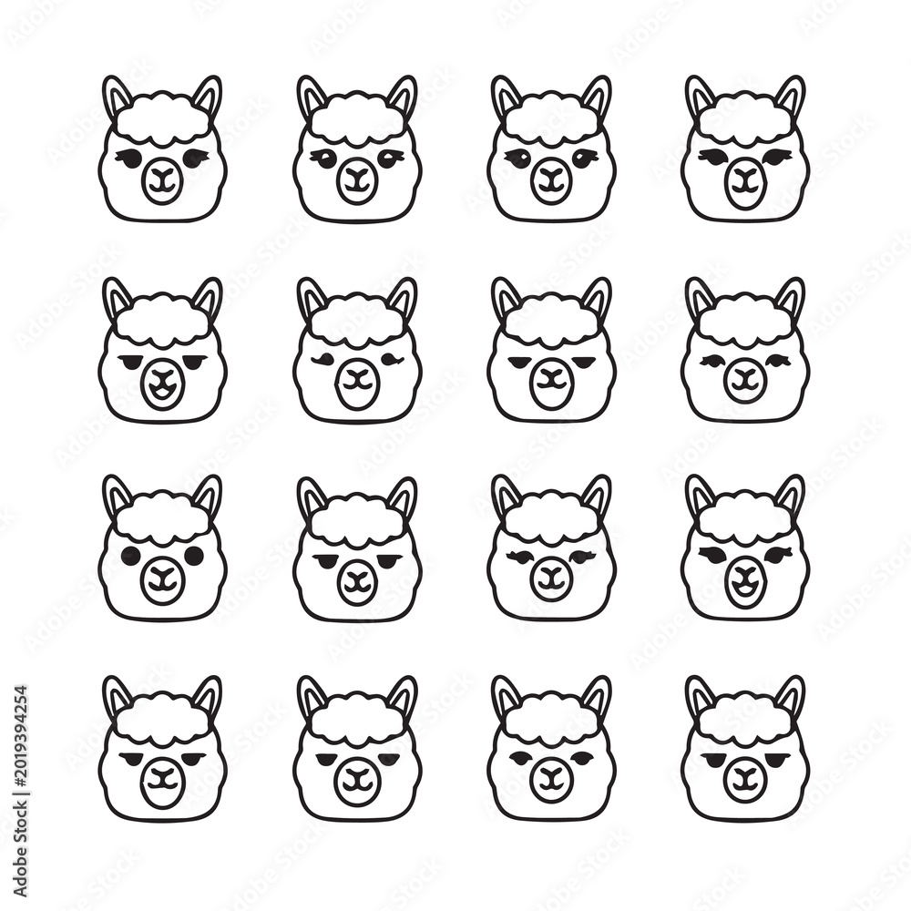Fototapeta premium Collection of adorable alpaca faces with diverse expressions in a simple line art style for graphic design