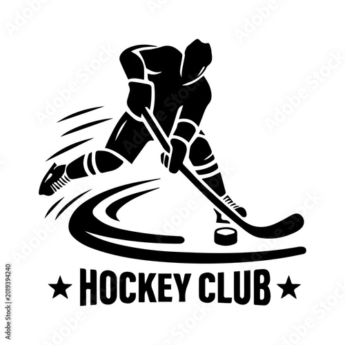 Ice Hockey Club Logo Vector Design, Hockey Player Silhouette with Puck and Stick Clipart